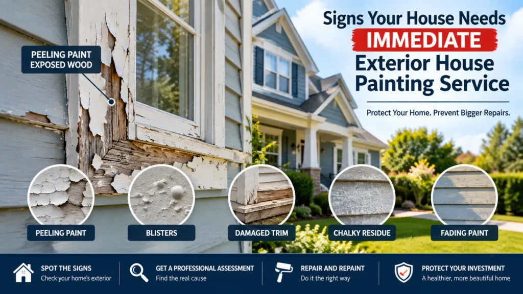 Peeling exterior paint and damaged wood showing signs that a house needs an exterior painting service