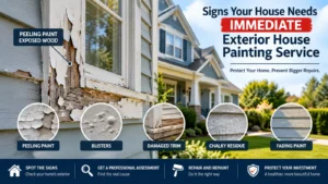 Peeling exterior paint and damaged wood showing signs that a house needs an exterior painting service