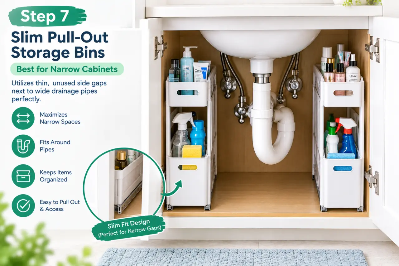 Slim pull-out storage bins using narrow gaps beside bathroom plumbing