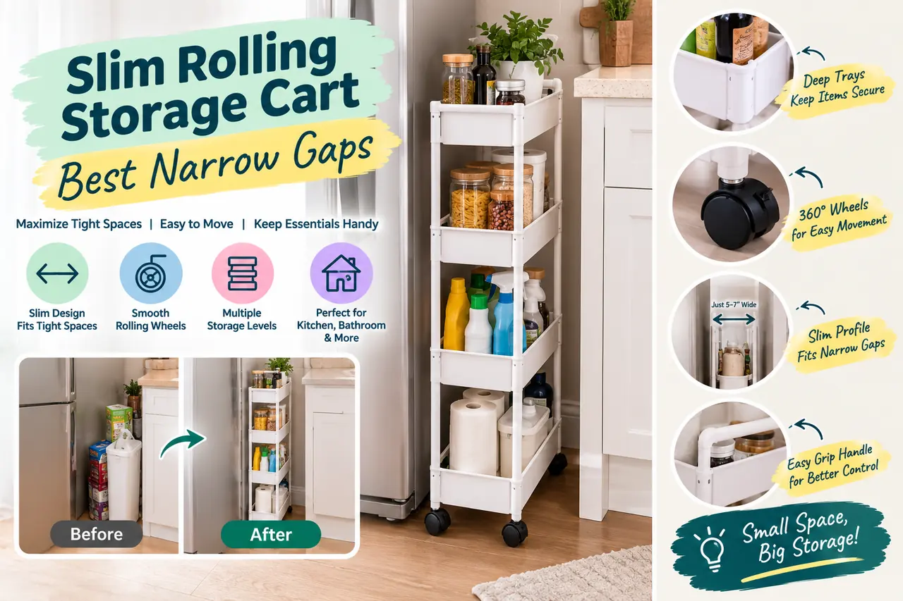 Slim rolling storage cart fitted into a narrow closet gap
