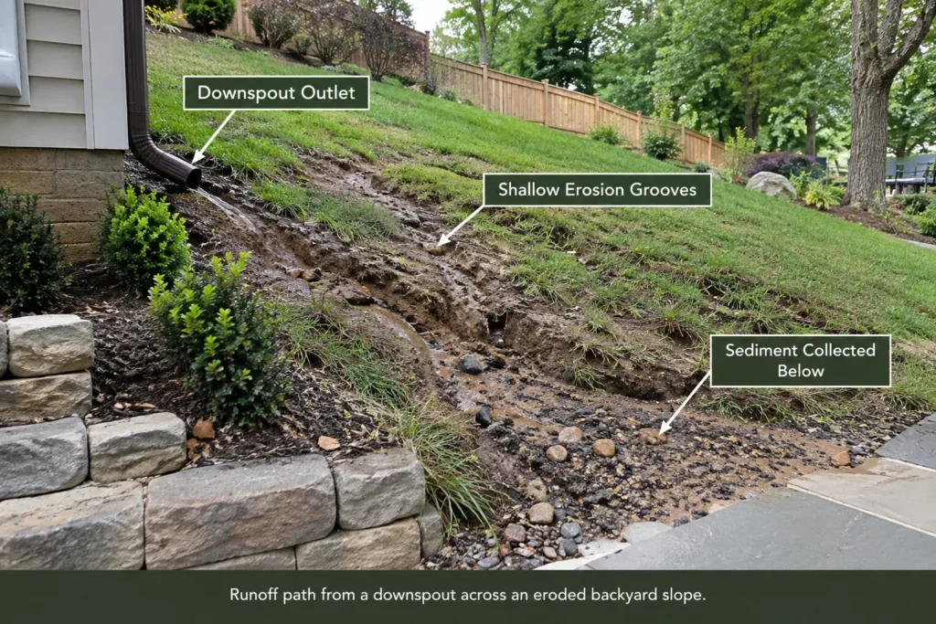 Runoff path from a downspout across an eroded backyard slope