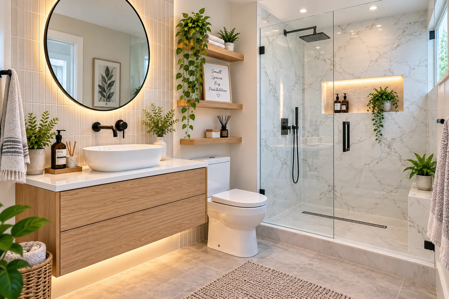 Small bathroom remodel ideas to maximize tight spaces with a floating vanity and frameless glass shower