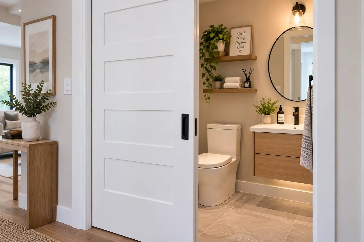 Space-saving pocket door for small bathroom remodel ideas to maximize tight spaces