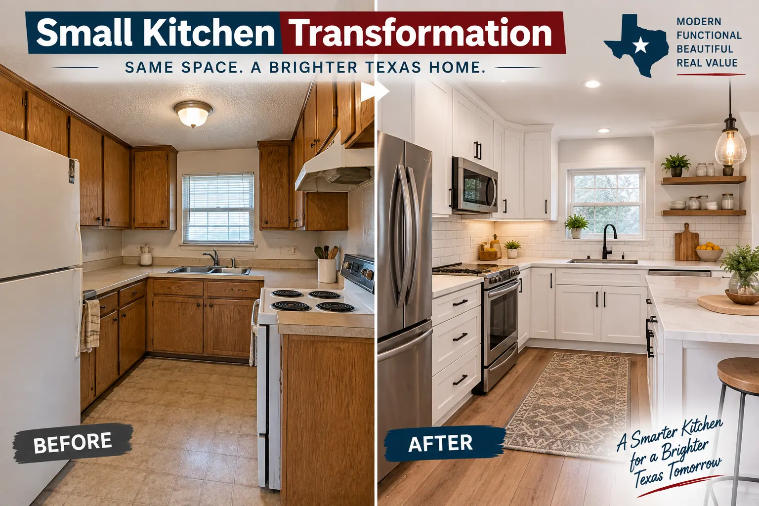 AI-generated before-and-after concept for a small kitchen remodel