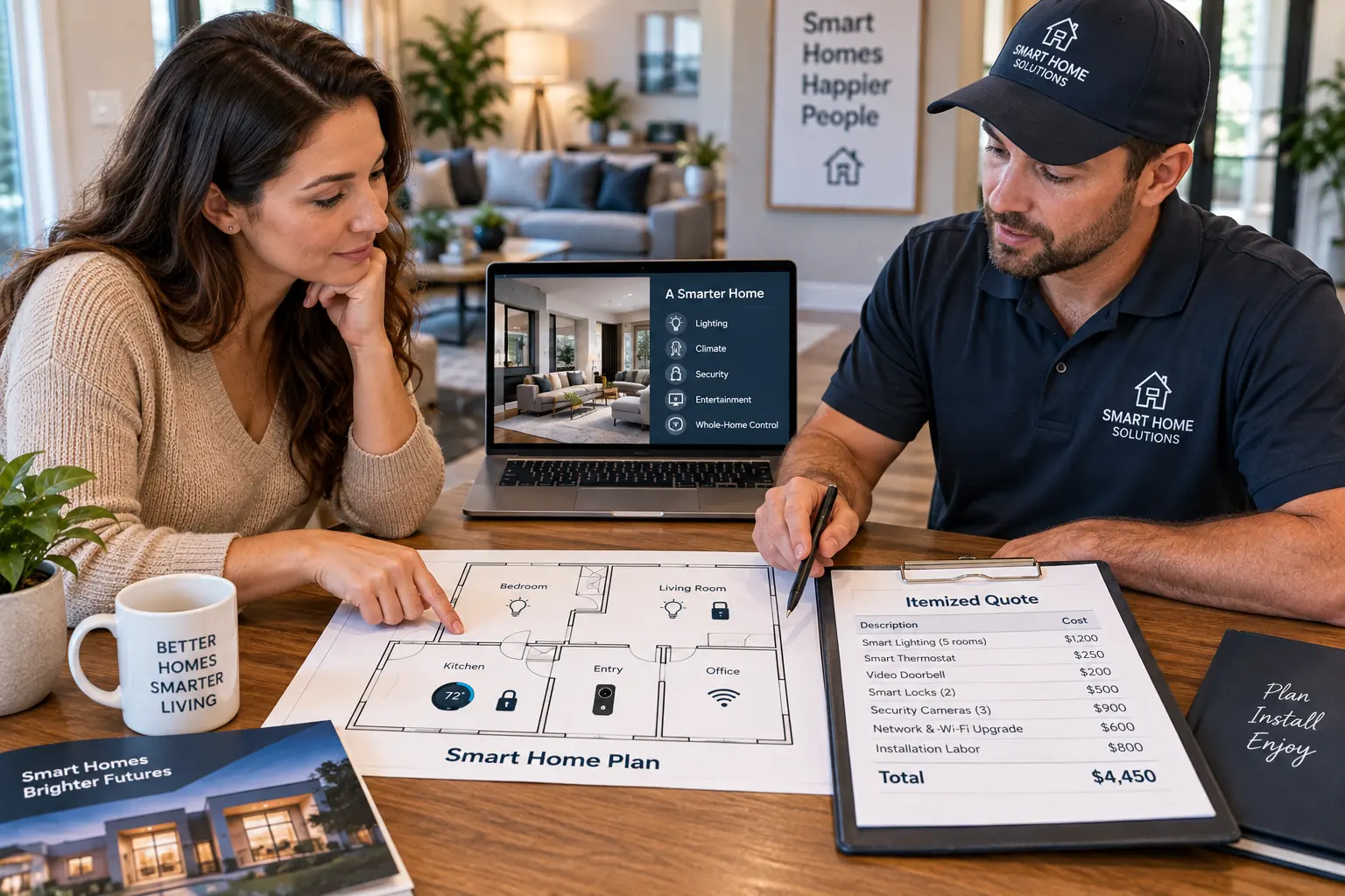 Homeowner comparing a smart home automation system installers quote with a professional installer