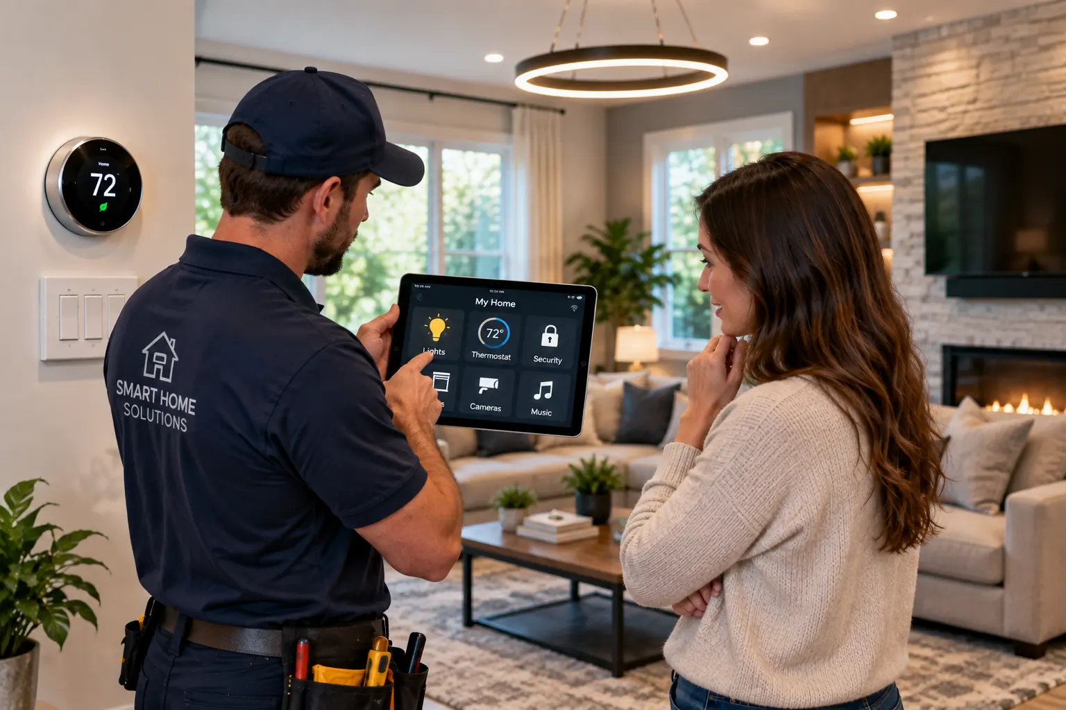 Smart home automation system installers demonstrating lighting, thermostat, security, and entertainment controls