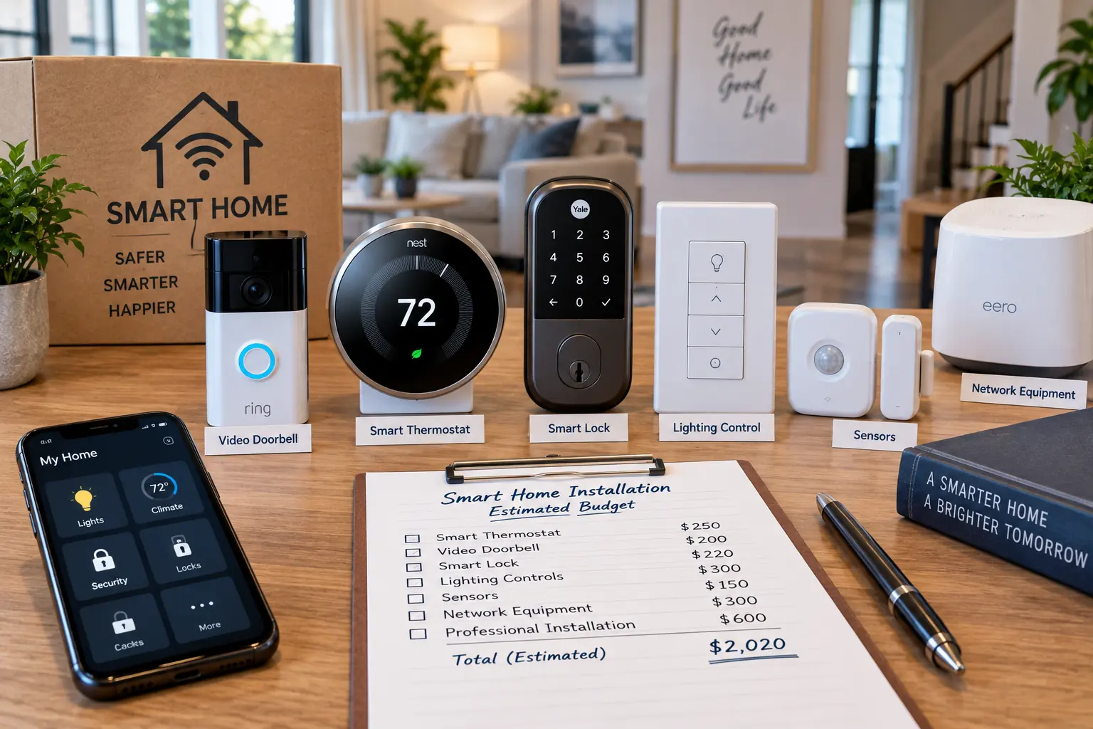 Smart home automation system installers equipment setup with thermostat, doorbell, lock, lighting controls, sensors, and network equipment