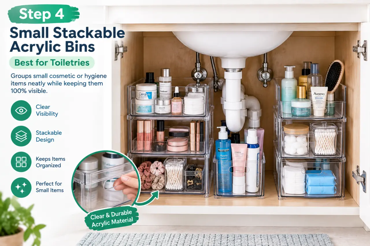 Small stackable acrylic bins organizing bathroom toiletries
