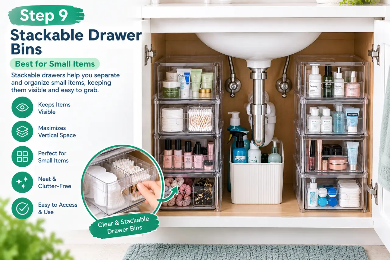 Clear stackable drawer bins arranged around under sink plumbing
