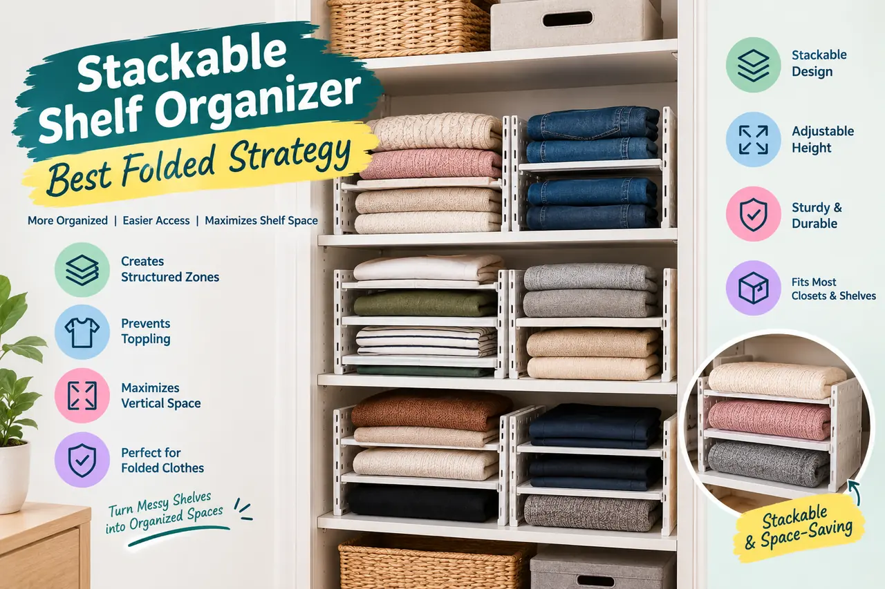 Stackable shelf organizer separating folded clothes into tidy sections