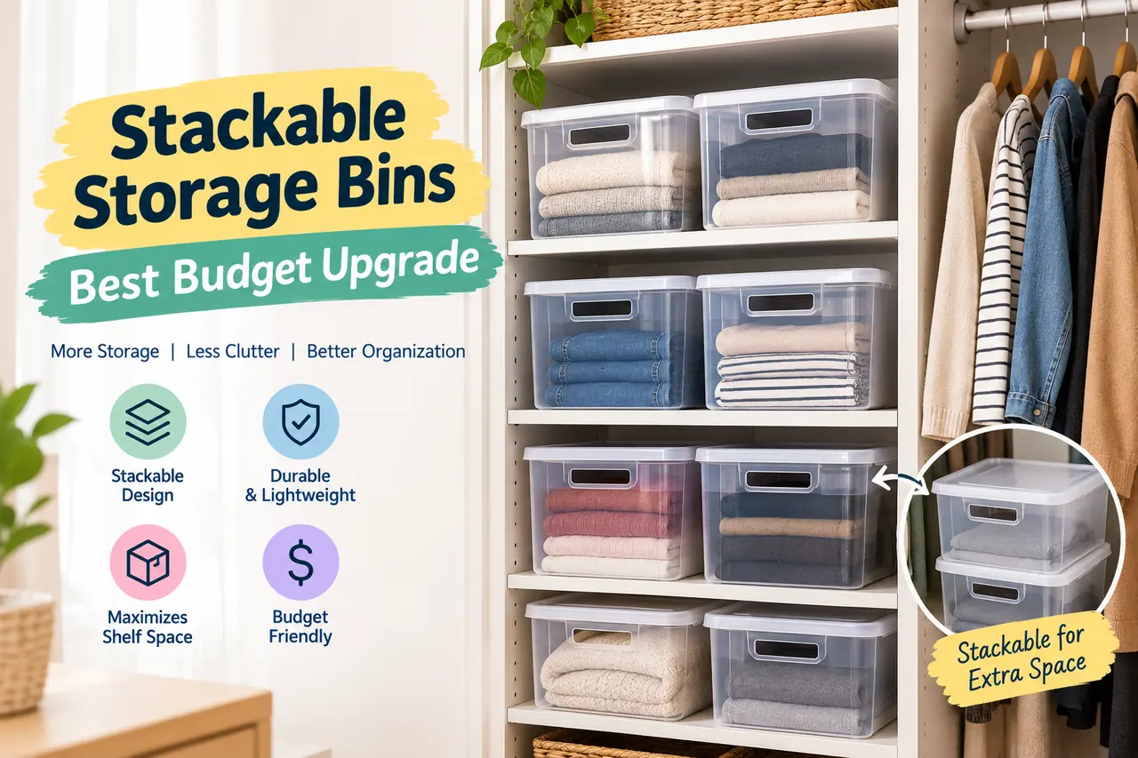 Stackable clear storage bins arranged on small closet shelves