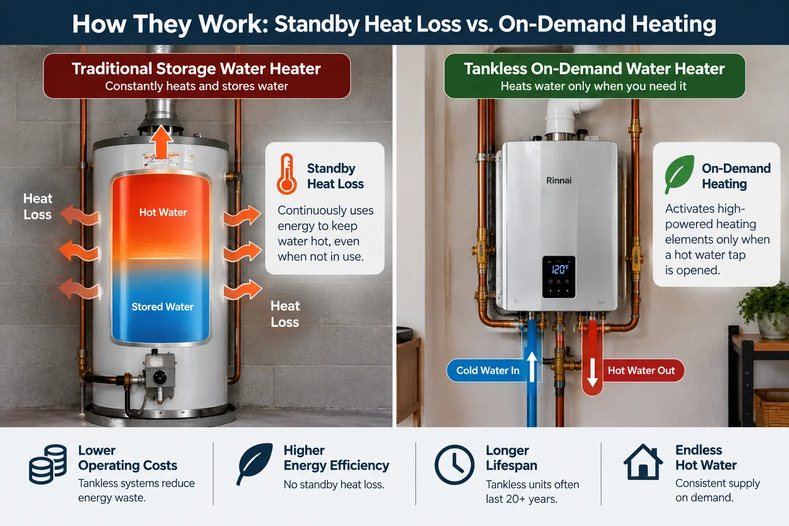 Tankless vs traditional water heater installation costs diagram showing standby heat loss and on-demand heating