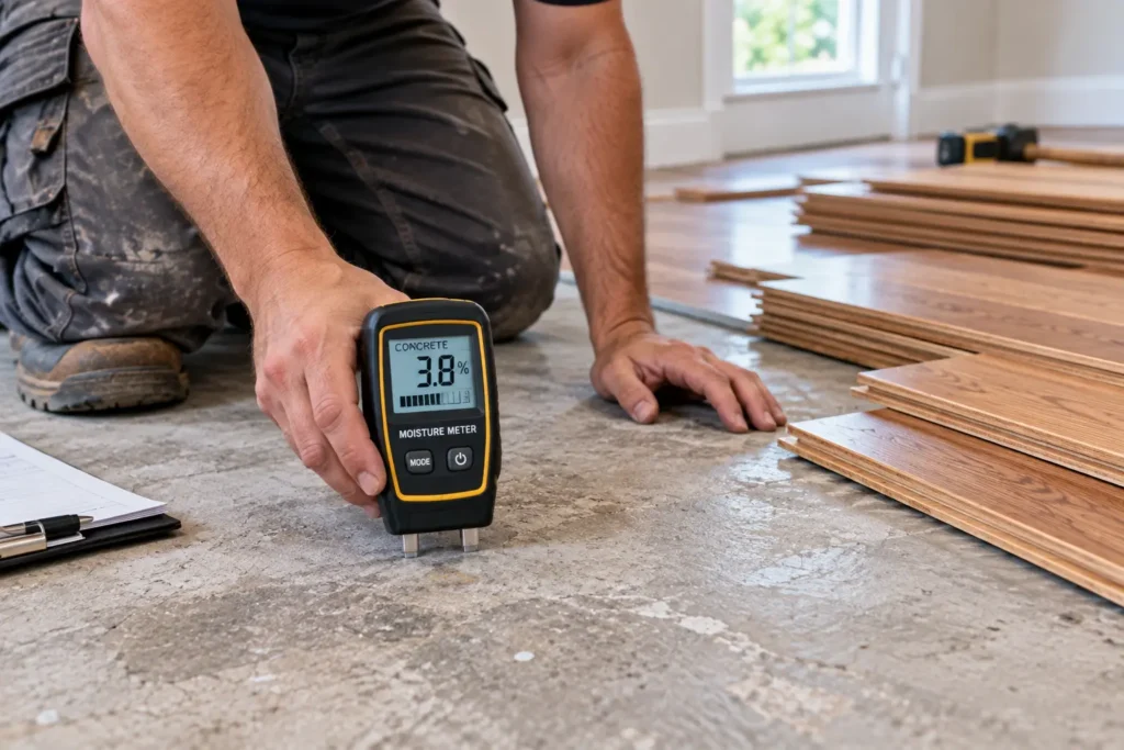 Flooring expert testing subfloor moisture with a digital meter