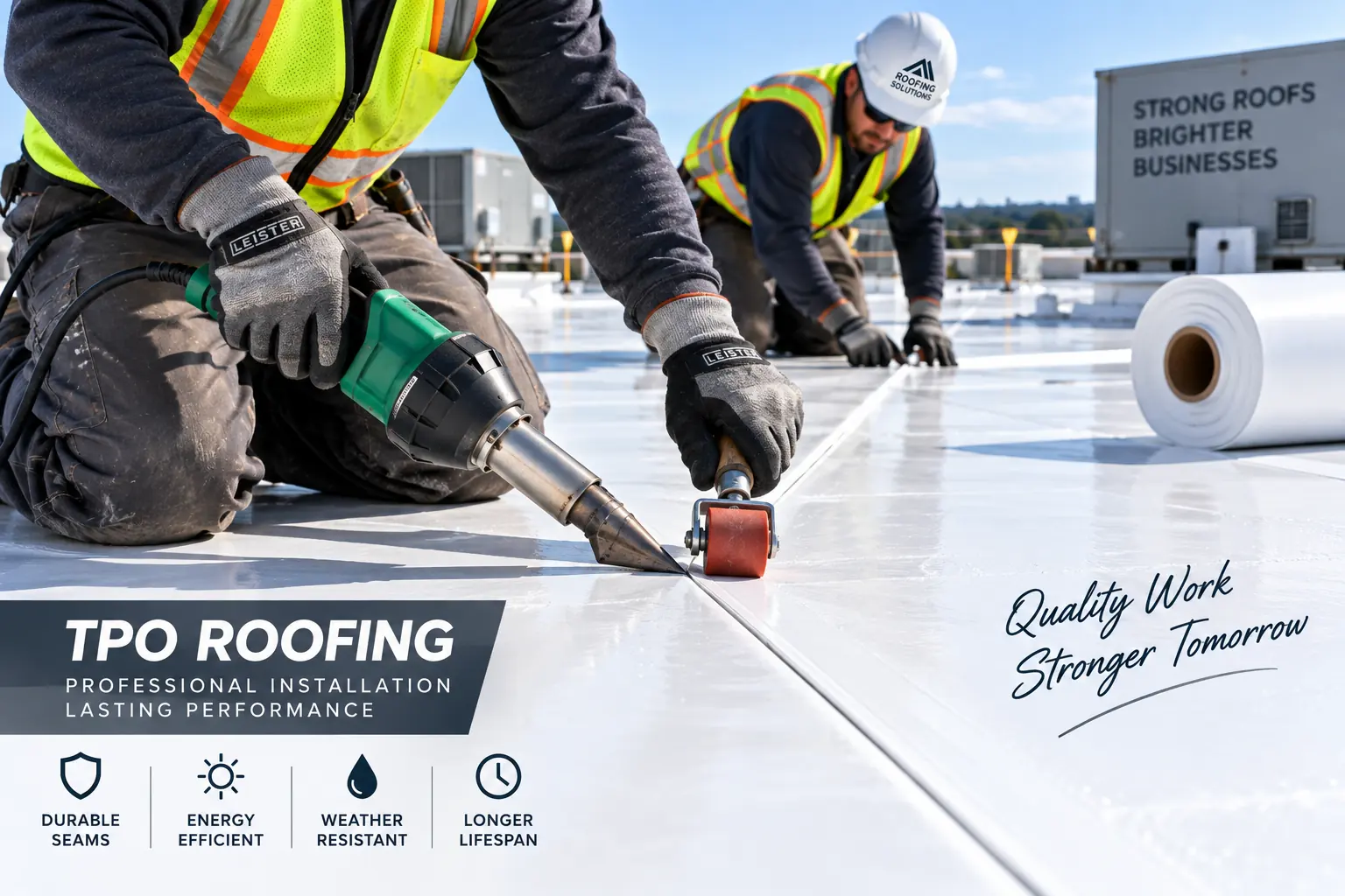 Roofing crew hot-air welding seams on a reflective white TPO membrane roof