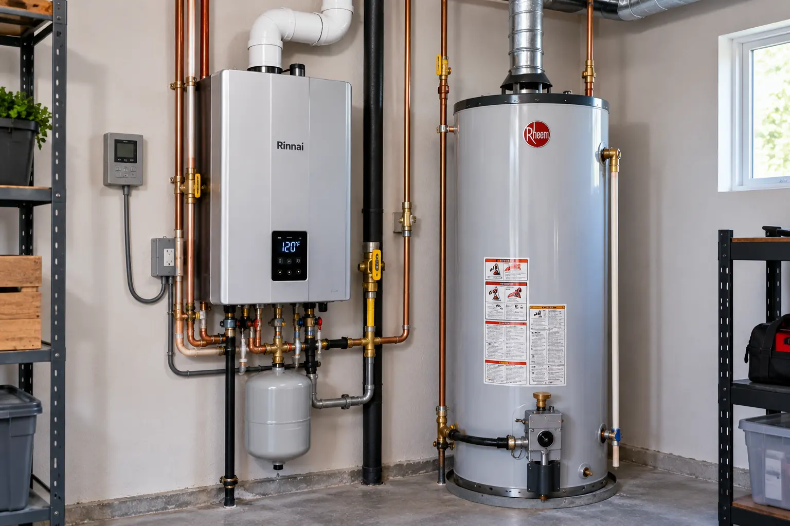 Tankless vs traditional water heater installation costs shown side by side in a utility room