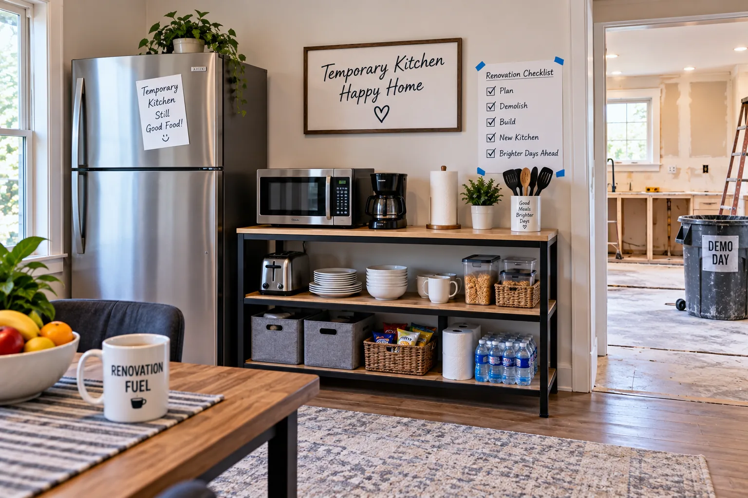 Temporary kitchen area with a refrigerator and microwave away from construction
