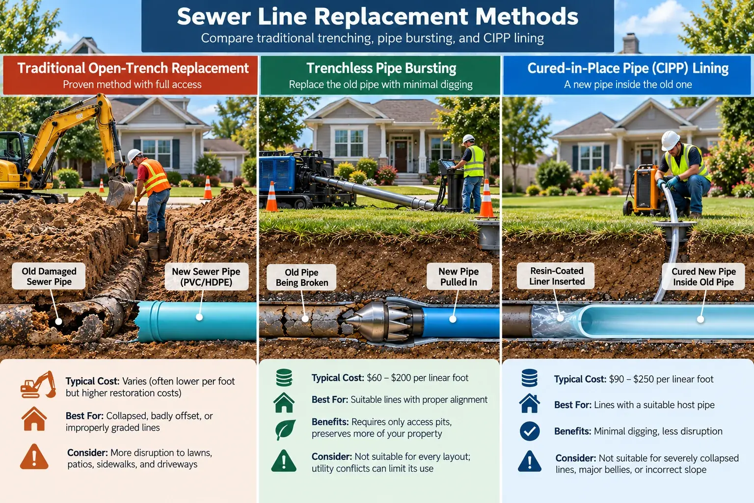 Average main sewer line replacement cost comparison of traditional and trenchless methods