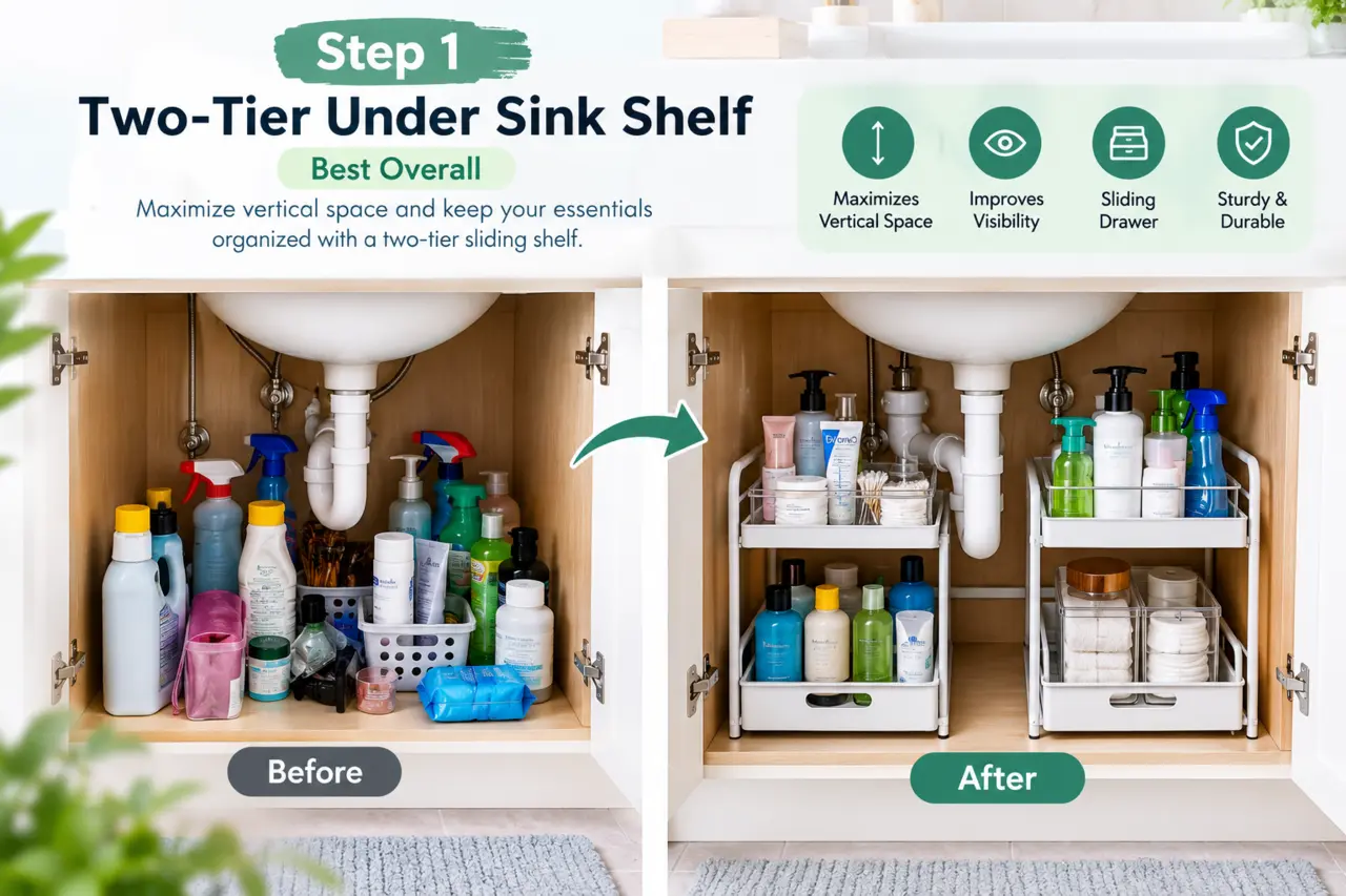 Two-tier under sink shelf arranged around bathroom plumbing