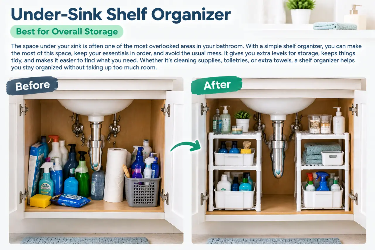 Small bathroom under sink cabinet before and after adding shelf organizers