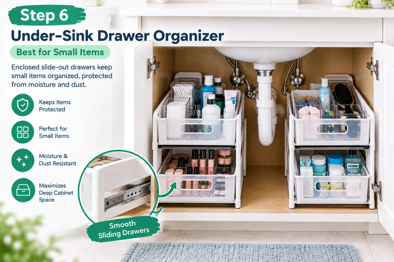 Under sink drawer organizer holding small bathroom items