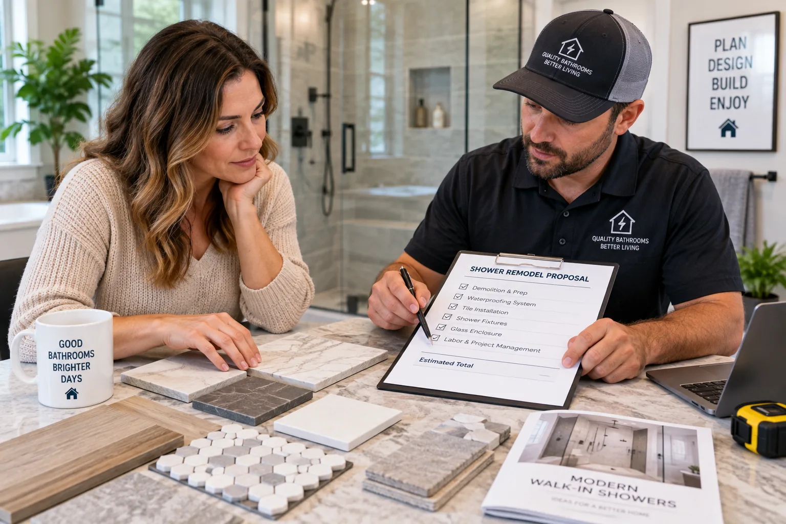 Homeowner comparing shower materials and a contractor proposal