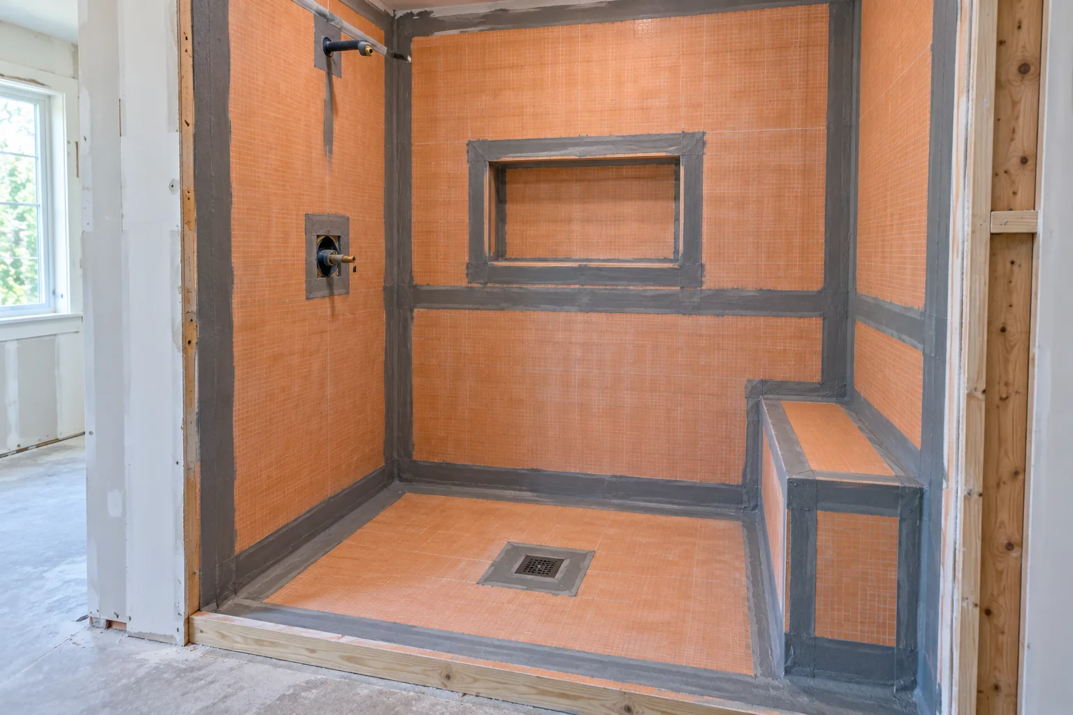 Shower waterproofing assembly before tile installation