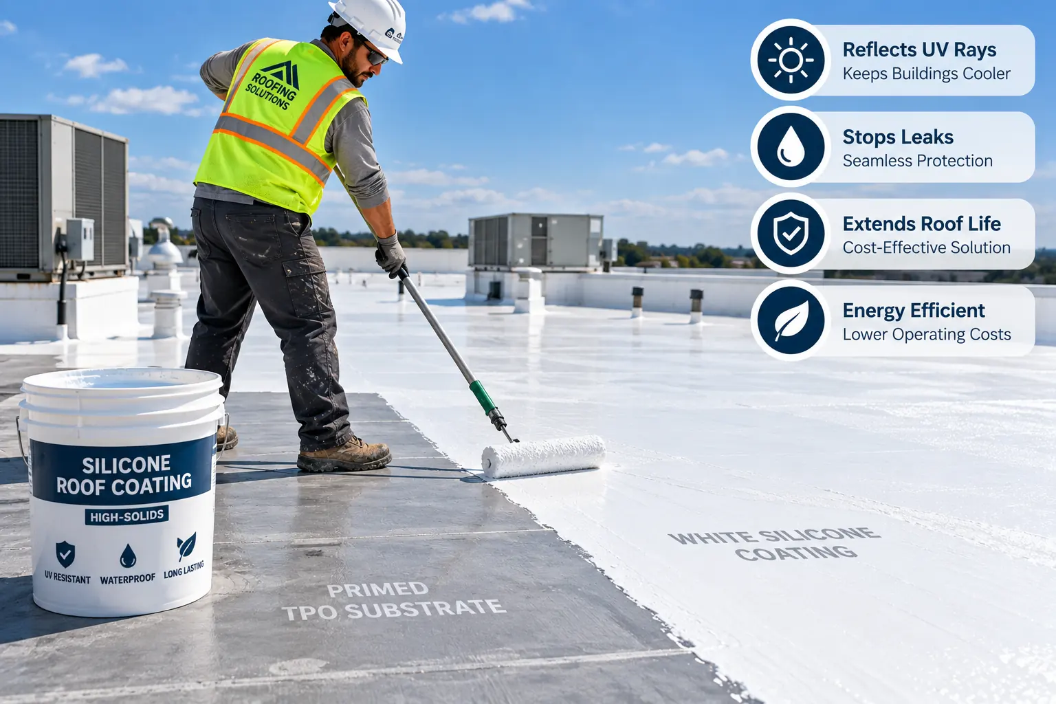 Commercial roofing technician applying white silicone coating over a primed roof