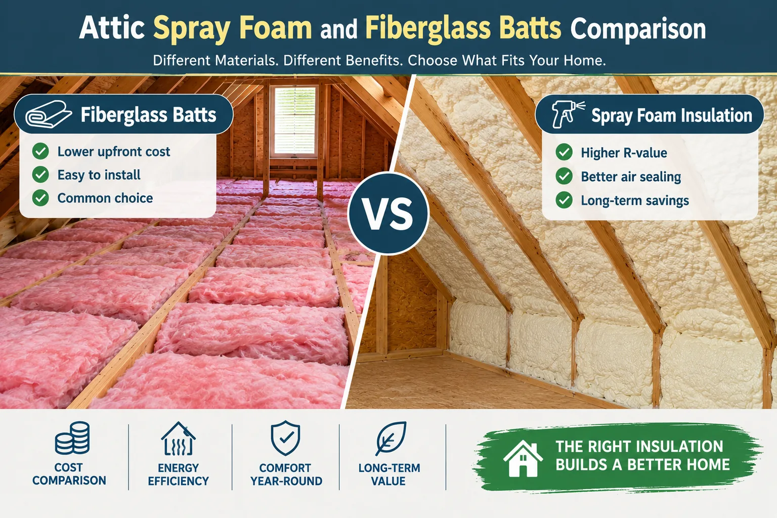 Attic spray foam insulation cost comparison with fiberglass batts
