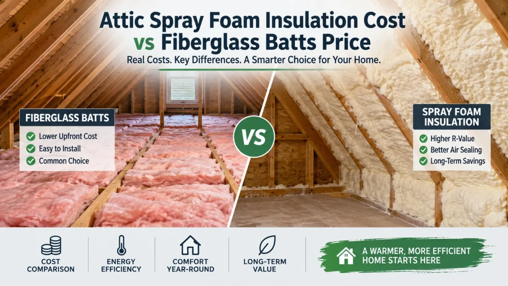 Roof attic showing spray foam insulation beside fiberglass batt insulation