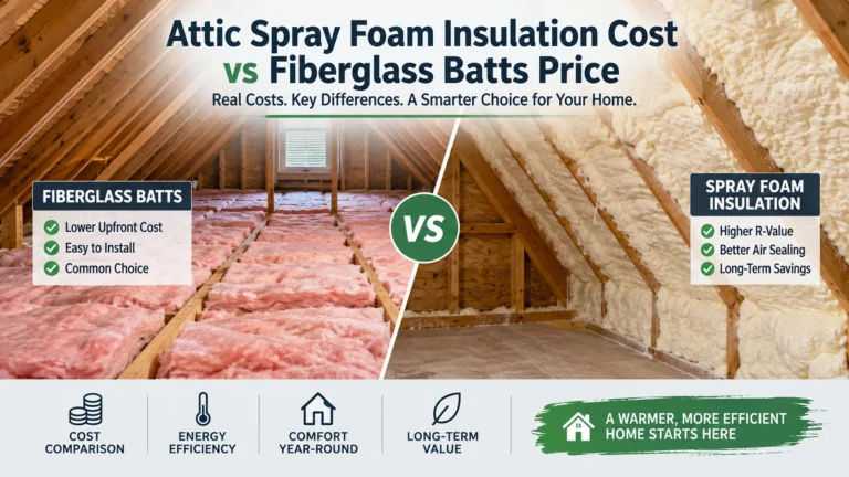Roof attic showing spray foam insulation beside fiberglass batt insulation