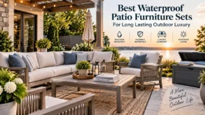 Luxury patio seating under a pergola with outdoor cushions and nearby storage