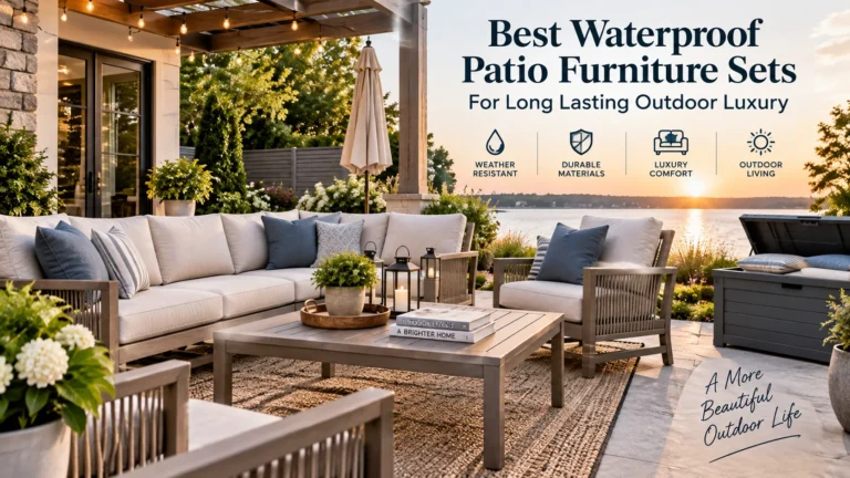 Luxury patio seating under a pergola with outdoor cushions and nearby storage