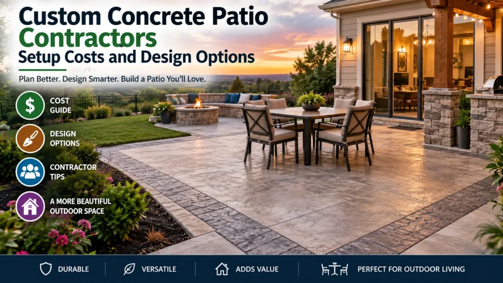 Finished custom concrete patio with outdoor seating and a decorative border