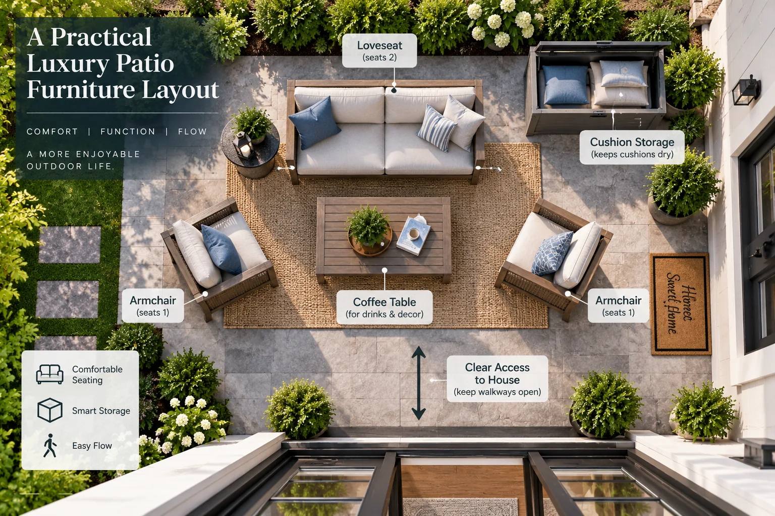 Four-seat patio layout with a coffee table, cushion storage, and clear access to the house