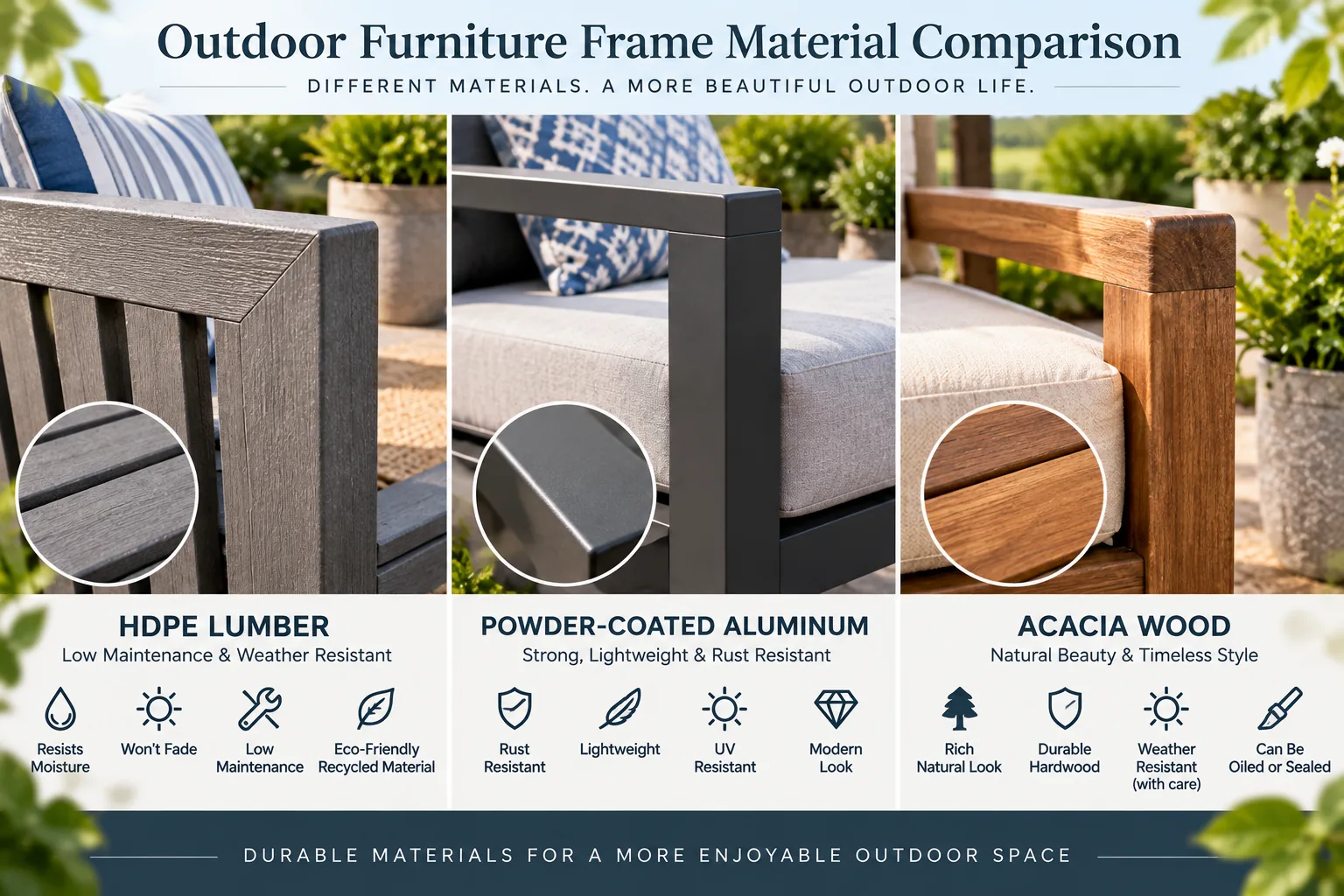 Best waterproof patio furniture sets using HDPE, powder-coated aluminum, and acacia wood