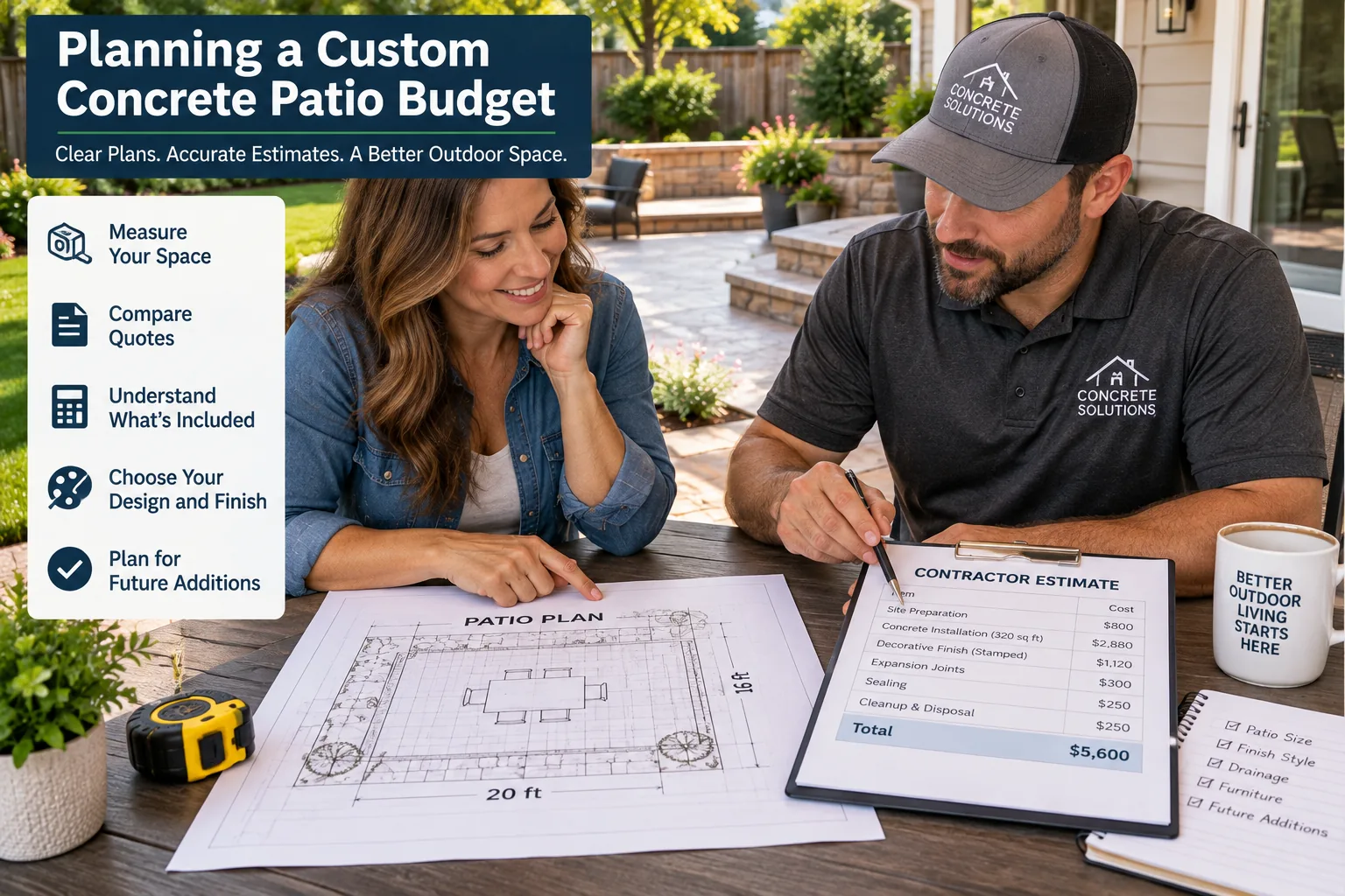 Homeowner reviewing a custom concrete patio budget with a contractor