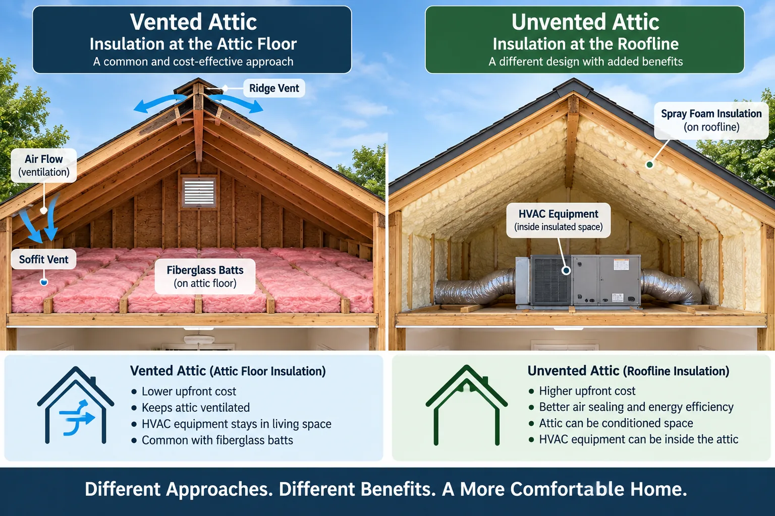 Vented and unvented attic insulation approaches with airflow differences