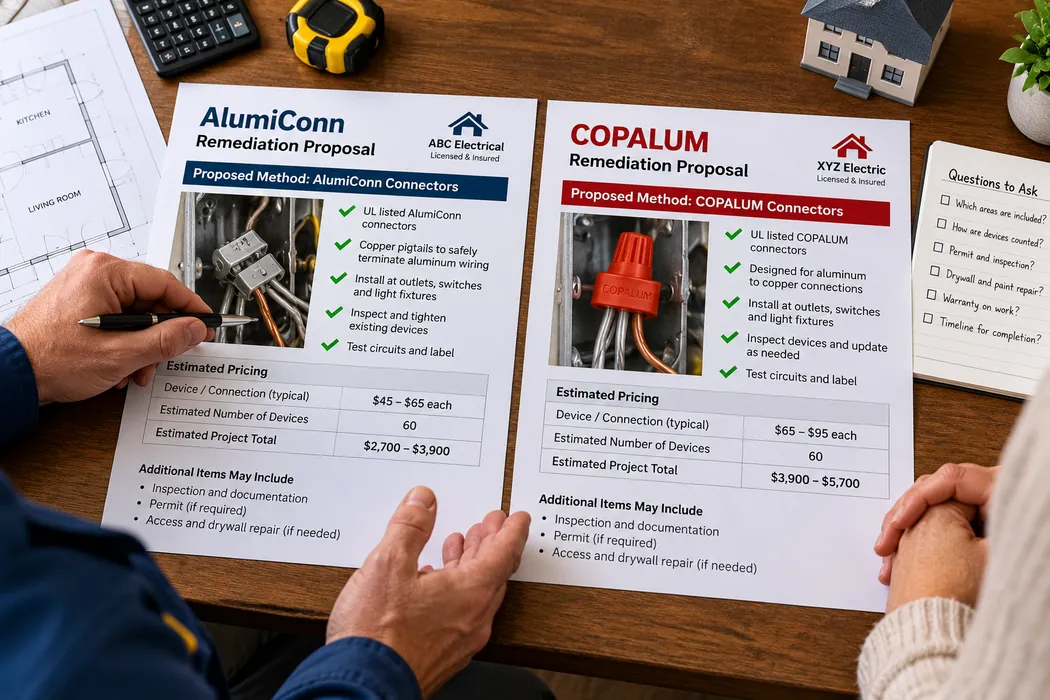 Illustrated AlumiConn and COPALUM aluminum wiring repair proposals side by side