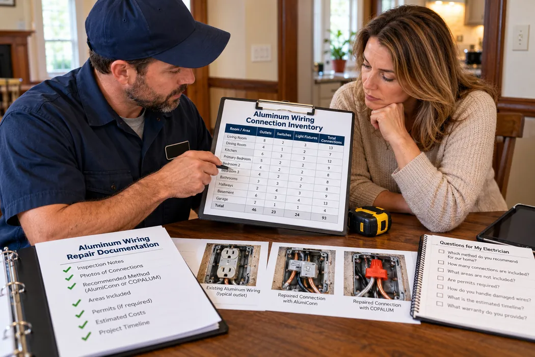 Illustration of an electrician and homeowner reviewing a room-by-room aluminum wiring connection inventory