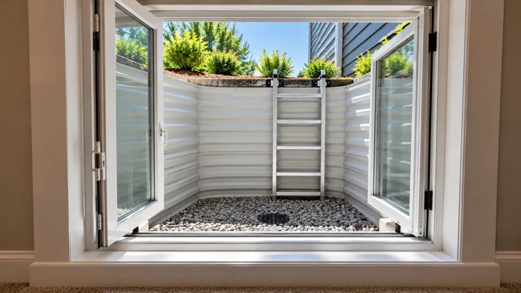 Illustration of an open basement egress window with an exterior well, ladder, and drain