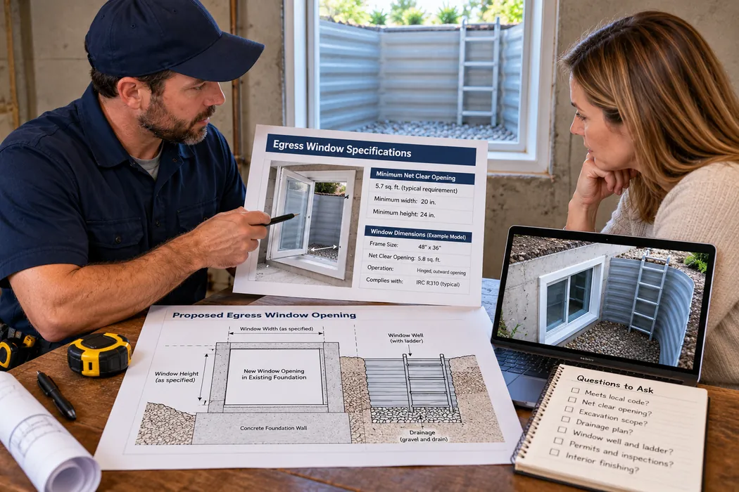 Illustration of a contractor and homeowner reviewing a basement egress window opening plan