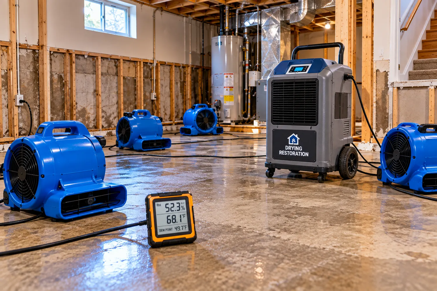 Structural drying services using air movers and dehumidifiers in a flooded basement