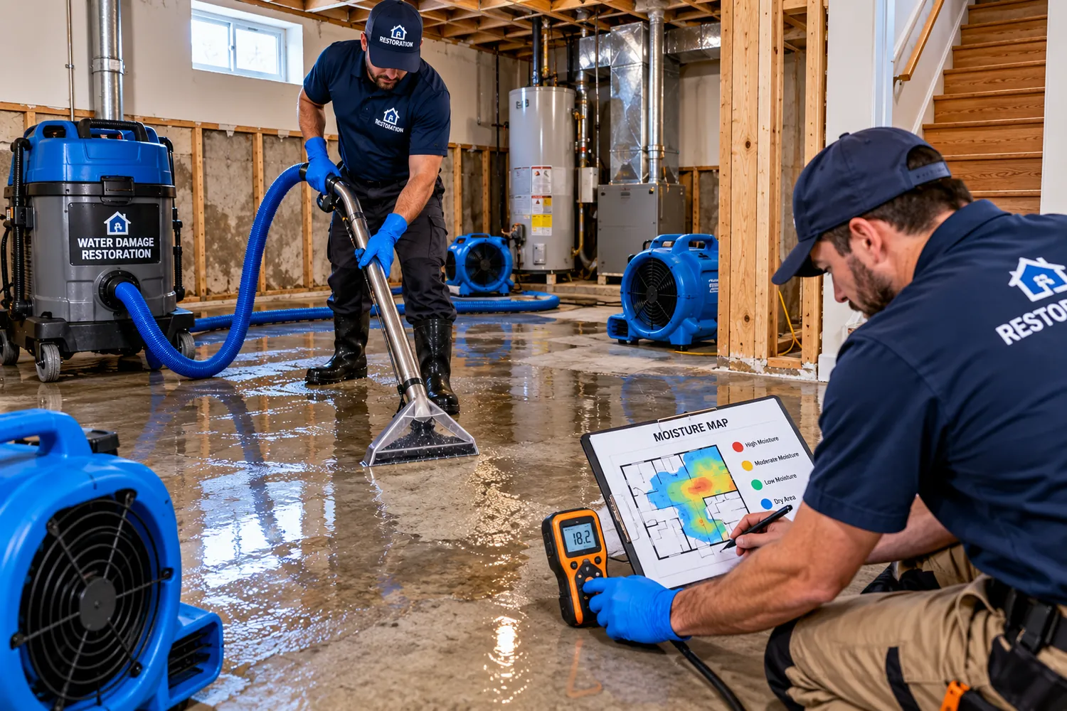 Certified water damage restoration services performing emergency water extraction and moisture mapping