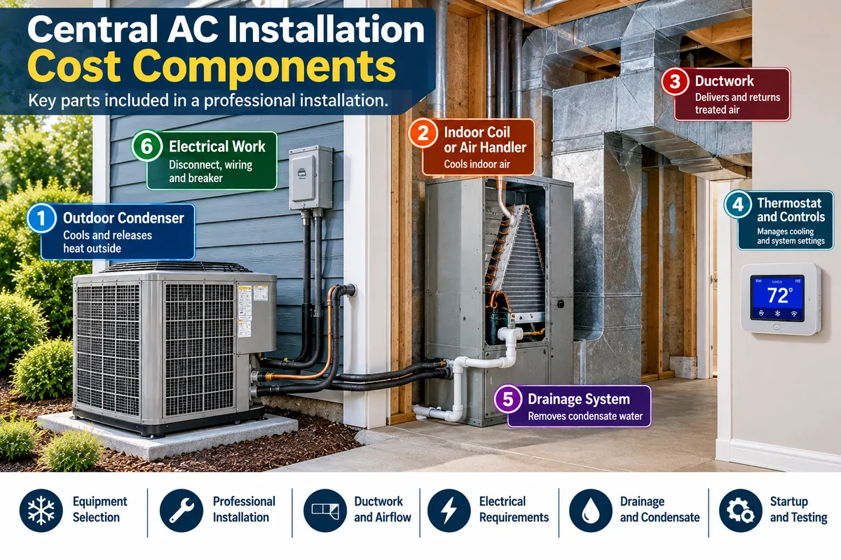 Central air conditioner installation cost components including condenser, indoor coil, ducts, thermostat and electrical work
