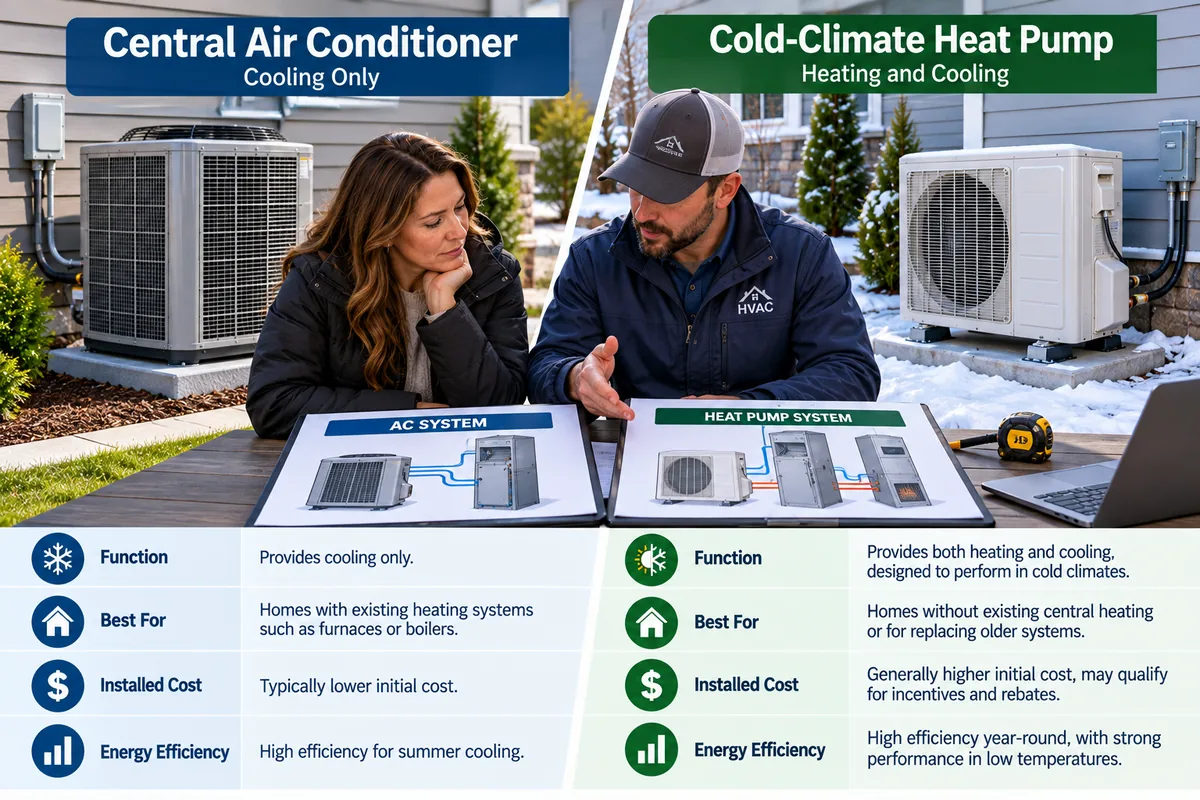 Heat pump vs central AC comparison for cold-climate heating, cooling, installed cost and efficiency