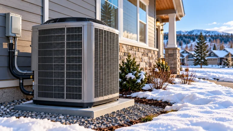 Central air conditioner installation cost guide showing a high-efficiency outdoor AC unit beside a snowy northern home