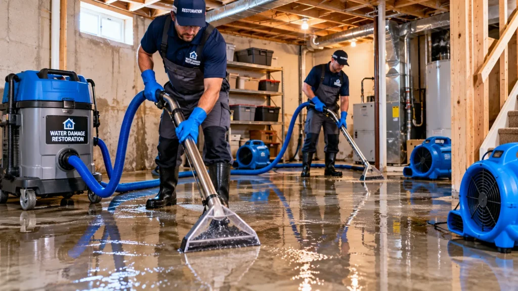 Certified water damage restoration services extracting water from a flooded basement