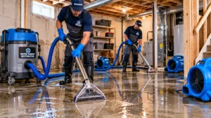 Certified water damage restoration services extracting water from a flooded basement