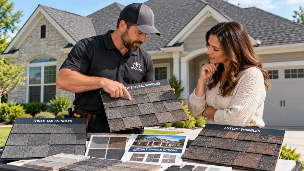 How to choose asphalt shingles with a roofing contractor comparing shingle samples beside a residential home