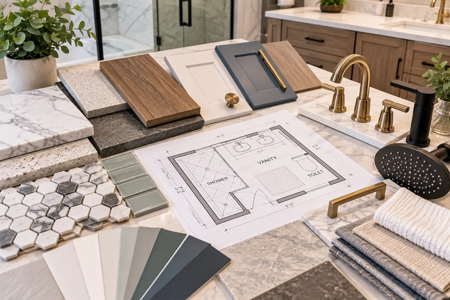 Bathroom tile and fixture samples beside a renovation layout plan during a bathroom design consultation